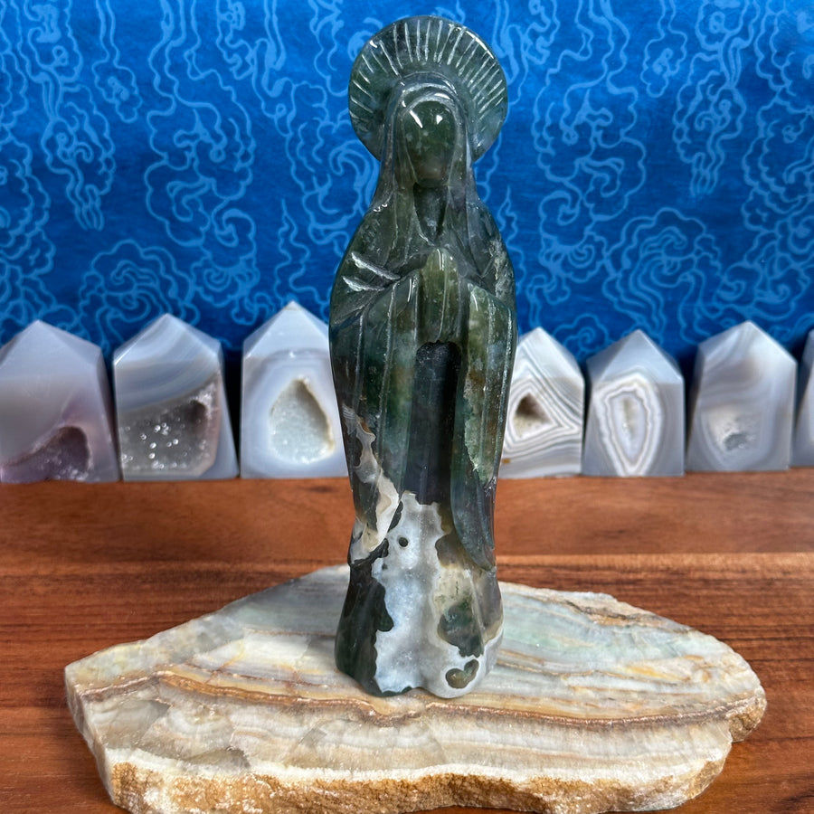 Verdant Green Moss Agate Virgin Mary/Goddess Carving from China